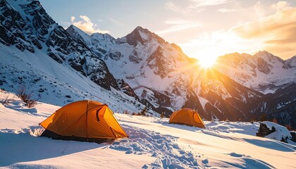 Two Orange Camping Tents Pitched On Snowy Mountain Slope At Sunrise With Golden Sun Rays Shining Through The Clouds Over Jagged Peaks