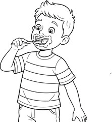 Black and white line art of a happy boy brushing his teeth with toothpaste foam, perfect for dental hygiene, kids health, morning routine, educational posters, or coloring book content