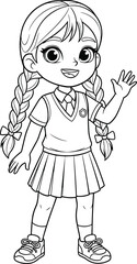 Cute cartoon schoolgirl with braided pigtails waving hello, wearing a uniform and skirt, perfect for educational materials, coloring pages, or children’s illustrations.