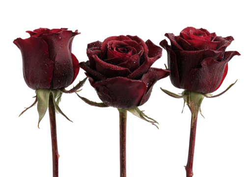 Three dark red roses, short stems, elegant, velvety petals
