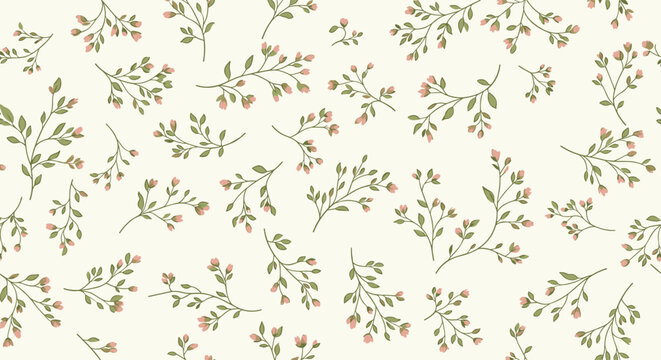 Delicate seamless pattern featuring tiny pink blossom buds and green leaves on scattered botanical branches against a soft cream background.