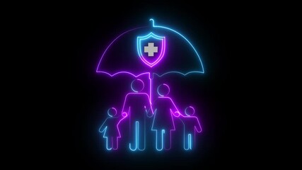 Glowing An animated neon family icon under an umbrella with a medical shield. Represents comprehensive family health insurance, protection and security.4k video animation , - Powered by Adobe