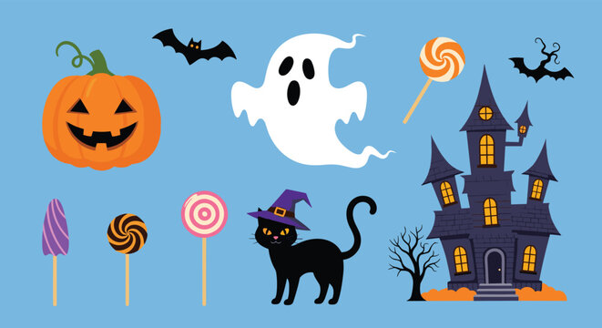 A vibrant illustration featuring classic Halloween elements like a friendly jack-o'-lantern, ghost, bats, haunted house, black cat, and colorful candies against a light blue backdrop. - Powered by Adobe