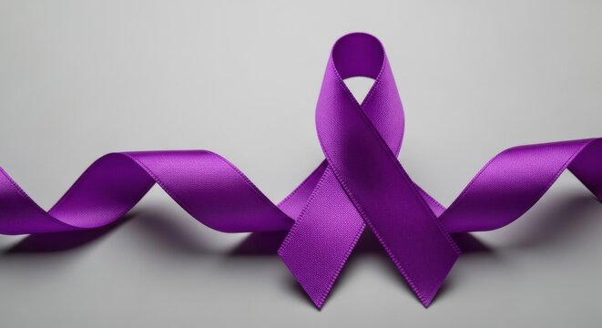 An elegant purple awareness ribbon for pancreatic cancer, epilepsy, or Alzheimer's, flowing on a light grey background.