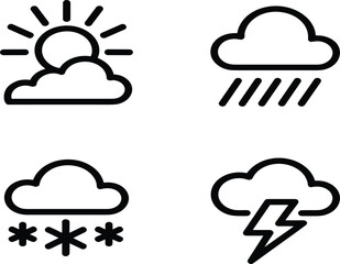 Fototapeta premium Weather Forecast Outline Icon Set: Sunny, Rain, Snow, and Thunderstorm Vector Graphics for Application Interface