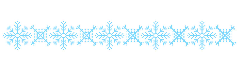 Fototapeta premium Pixel snowflake winter crystal border, retro 8 bit mosaic y2k ornament, divider. simple Ice seasonal design element, background. 90s aesthetics vintage games.
