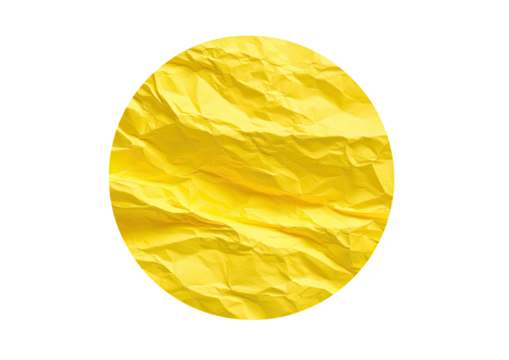 Yellow, crumpled paper circle floats on black background
