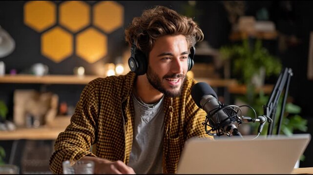 Young male podcaster recording audio content using professional microphone and laptop in a trendy home studio environment.