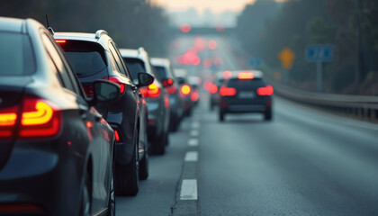 Fototapeta premium Cars stuck in traffic jam on highway. Tail lights illuminate in congestion. Roadway with vehicles illustrates transportation difficulties and urban life. Focus on cars shows travel problems.