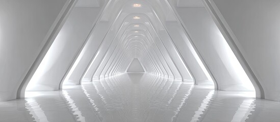 Naklejka premium Futuristic, white tunnel perspective, minimalist design with angled walls and glossy, reflective floor