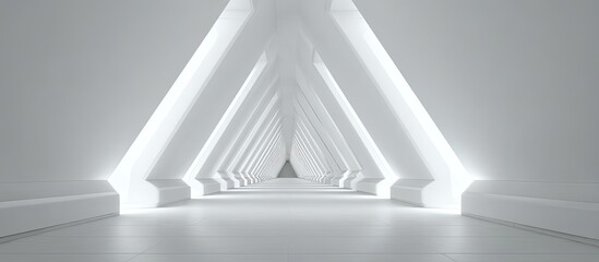 A stark white tunnel perspective featuring repeating triangular pillars. Light brightens from the sides