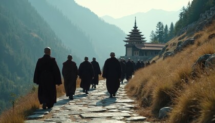 Buddhist monks in dark robes walk on a stone path towards a monastery in misty mountains. Dry grass flanks the trail as they proceed on their spiritual journey in serene nature.