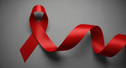 A long, flowing red awareness ribbon for HIV/AIDS or heart disease, waving on a simple grey background.