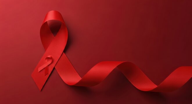 A flowing red awareness ribbon with a small red ribbon pinned on it, on a solid red background.