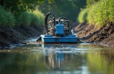 Blue dredge machine pumps muddy water from channel. Excavation equipment removes silt and sediment to improve water flow. Aquatic cleanup improves ecosystem health, restores habitat.