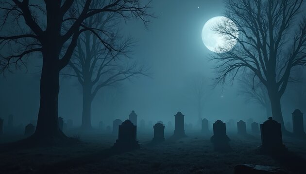 Spooky graveyard at night under bright full moon, thick fog. Old cemetery landscape with creepy leafless trees, ancient tombstones. Mysterious dark scenery creates haunted scary atmosphere with