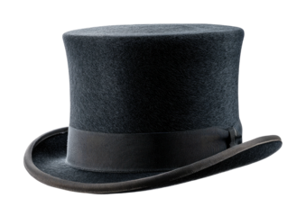 Dark grey top hat with ribbon, curved brim, soft texture