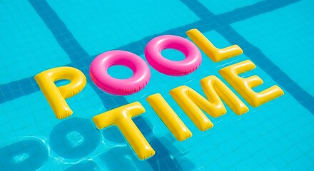 Inflatable letters spell pool time with pink float rings on blue water