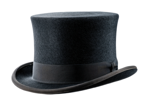 Dark grey top hat with ribbon, curved brim, soft texture