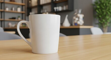White ceramic mug on a wooden table in a cafe