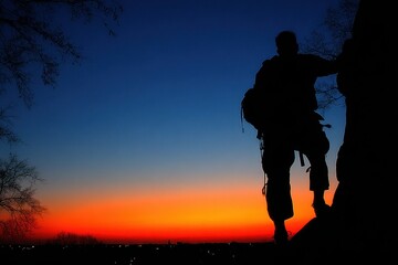 Fototapeta premium A climber silhouetted against a vibrant sunset, showcasing adventure and determination in a scenic outdoor setting.