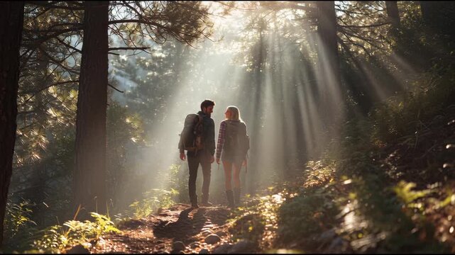 Young Couple Hiking on a Forest Trail Bathed in Dramatic Sunlight and God Rays, Exploring Nature and Adventure Together