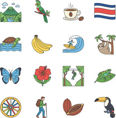 Obraz premium Colorful set of Costa Rica travel and culture icons vector illustration.