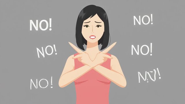 Woman with Crossed Arms Making a Stop Gesture, Surrounded by the Word "NO". Concept of Refusal, Rejection, Boundaries, Denial, and Saying No to Harassment or Disagreement.
