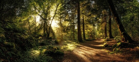 Obraz premium A sunlit path winds through a vibrant forest, light streaming through trees, casting shadows