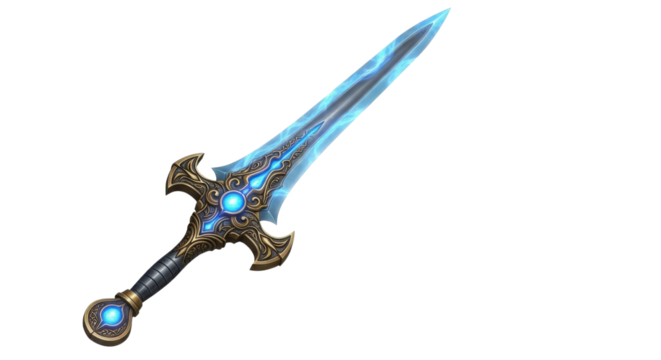 Powerful glowing fantasy sword artifact with blue magical energy for video game design assets isolated PNG with Transparent Background