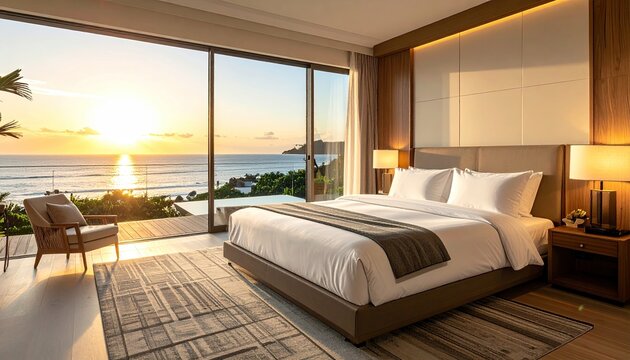 Luxurious bedroom with king size bed facing the ocean at sunset warm golden light illuminating the serene space and creating a tranquil atmosphere ideal for relaxation and a perfect getaway