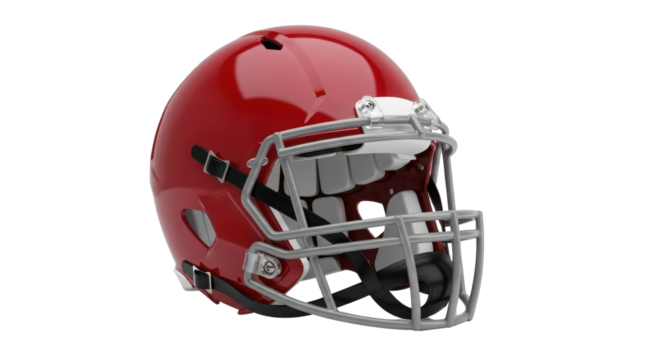 Shiny red football helmet isolated protective gear equipment for sports advertising and safety concepts isolated PNG with Transparent Background