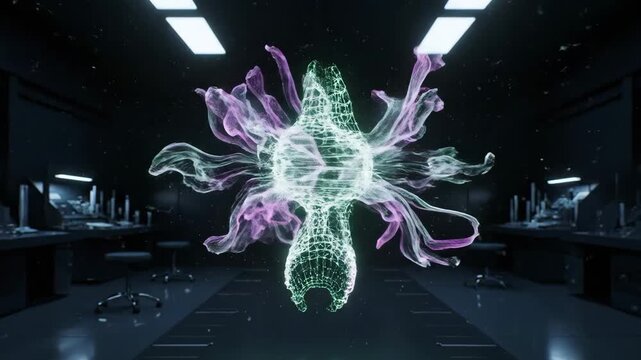 3D hologram in laboratory, abstract shapes, futuristic technology video, digital art concept