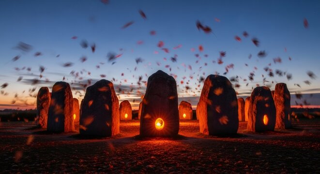 Mystical standing stones with glowing portals at twilight, spiritual and arcane ritual for occult knowledge and hidden mysteries of ancient civilization.
