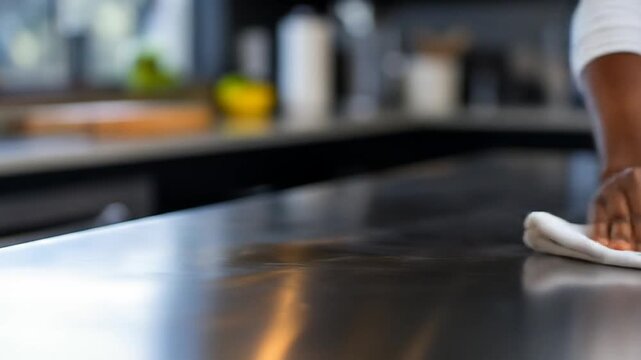 Hand wiping a shiny metallic surface with a white cloth