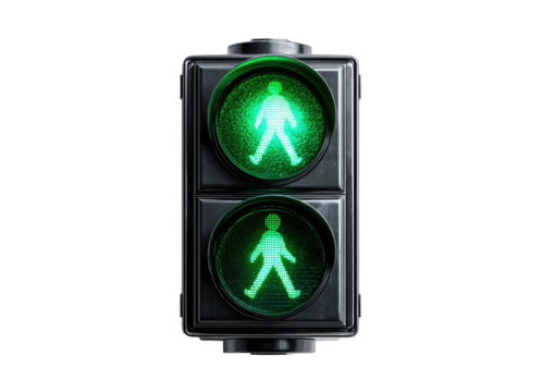 Illuminated green pedestrian crossing signal, front view