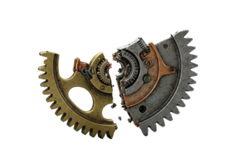Fractured steampunk gear exposing intricate brass cogs, corroded copper, and sharp edges, on a transparent studio background with chiaroscuro lighting, mechanical beauty concept