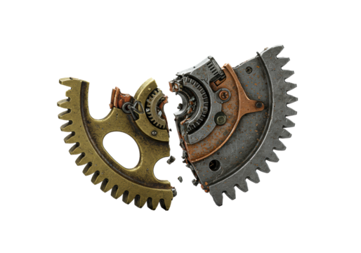 Fractured steampunk gear exposing intricate brass cogs, corroded copper, and sharp edges, on a transparent studio background with chiaroscuro lighting, mechanical beauty concept