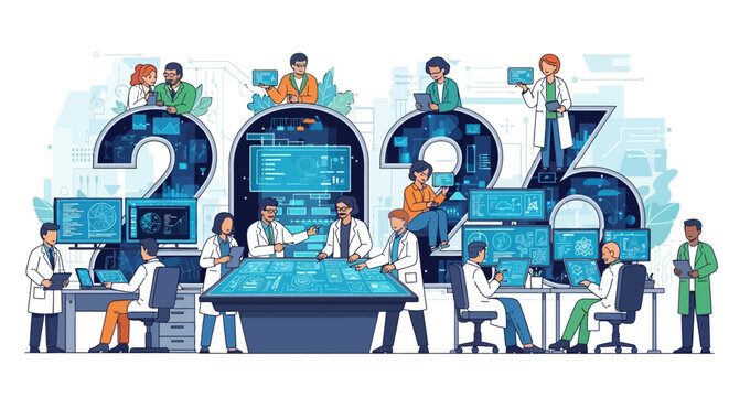 Future technology lab with scientists working on data