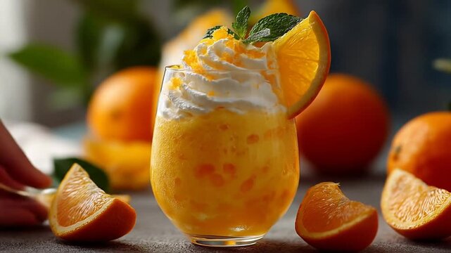 Refreshing orange slushy topped with whipped cream and mint