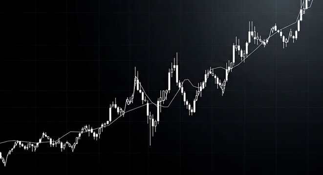 An upward trending stock chart with candlesticks and moving average, indicating a bull market and positive financial growth on a dark background with grid lines