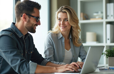 Fototapeta premium Two colleagues look at laptop screen in bright modern office. Man and woman work together discussing project. Business team work on business plan.