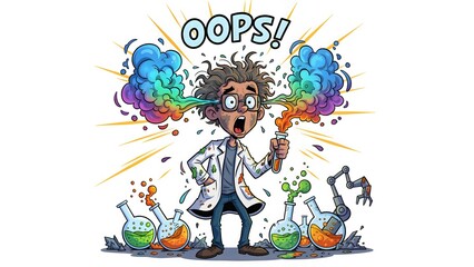 Funny young researcher in lab coat with messy hair after failed experiment, holding smoking test tube, colorful vapor around, shocked face, cartoonish and expressive science concept