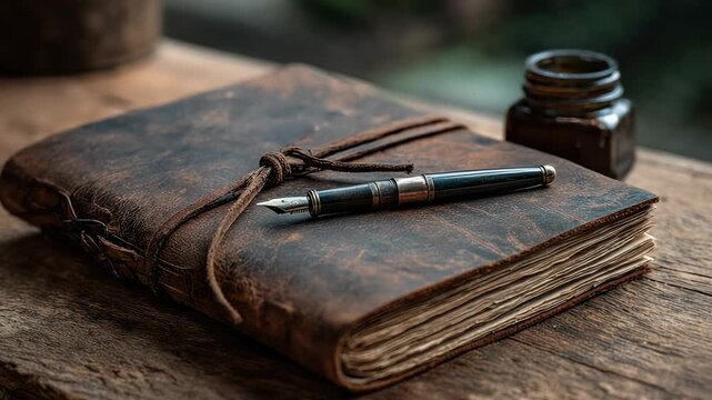 Rustic Brown Leather Bound Journal with Fountain Pen on Wooden Surface Under Soft Lighting