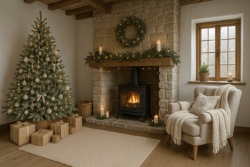 Cozy Christmas interior with decorated tree, fireplace, candles, and wrapped gifts creating warm holiday ambiance in rustic wooden living room corner. Ai generative