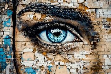 Close-up graffiti artwork of a blue eye painted on a cracked brick wall, blending urban texture, vibrant color, and expressive street art style.