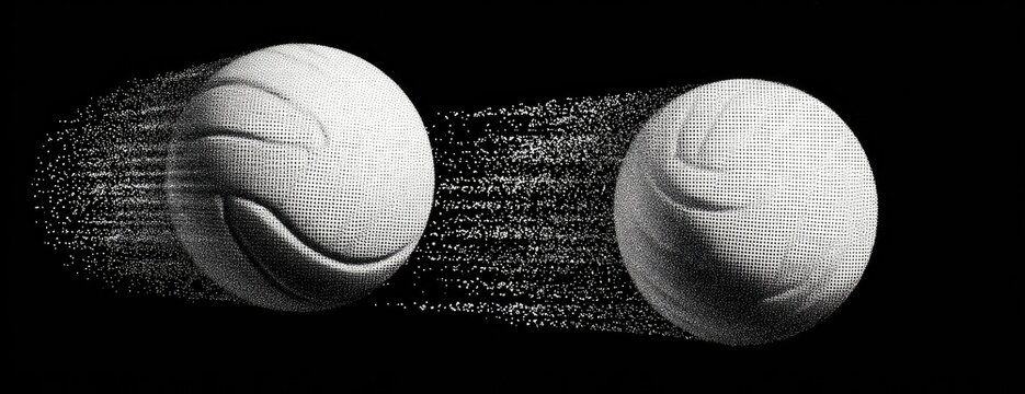 Two volleyballs in mid-flight, the first blurred with motion, contrasting against a stark black background