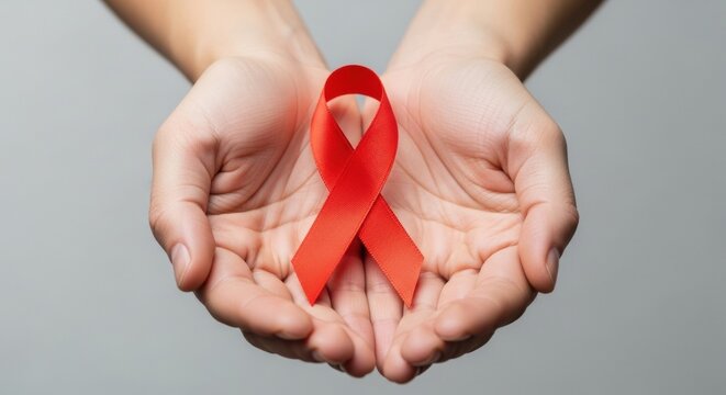 A person's cupped hands gently holding a red awareness ribbon, symbolizing support and care for HIV/AIDS.