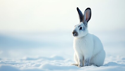 White arctic hare sits calmly in pristine deep snow. Wild animal prominent black tipped ears, fluffy white fur. Cute rabbit inhabits cold winter nature environment. Beautiful mammal thrives in