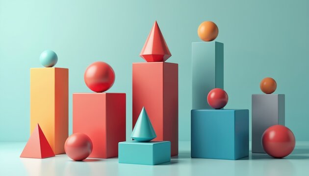 Group of simple 3D geometric shapes including spheres, cubes, cones, pyramids, cylinders on light blue background. Basic forms are arranged on blocks forming dynamic composition with vibrant colors.